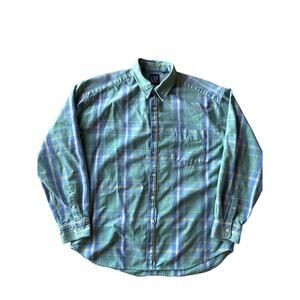 Gap Faded Sea Green Periwinkle Blue Soft Yellow Tattersall Plaid XL Flannel